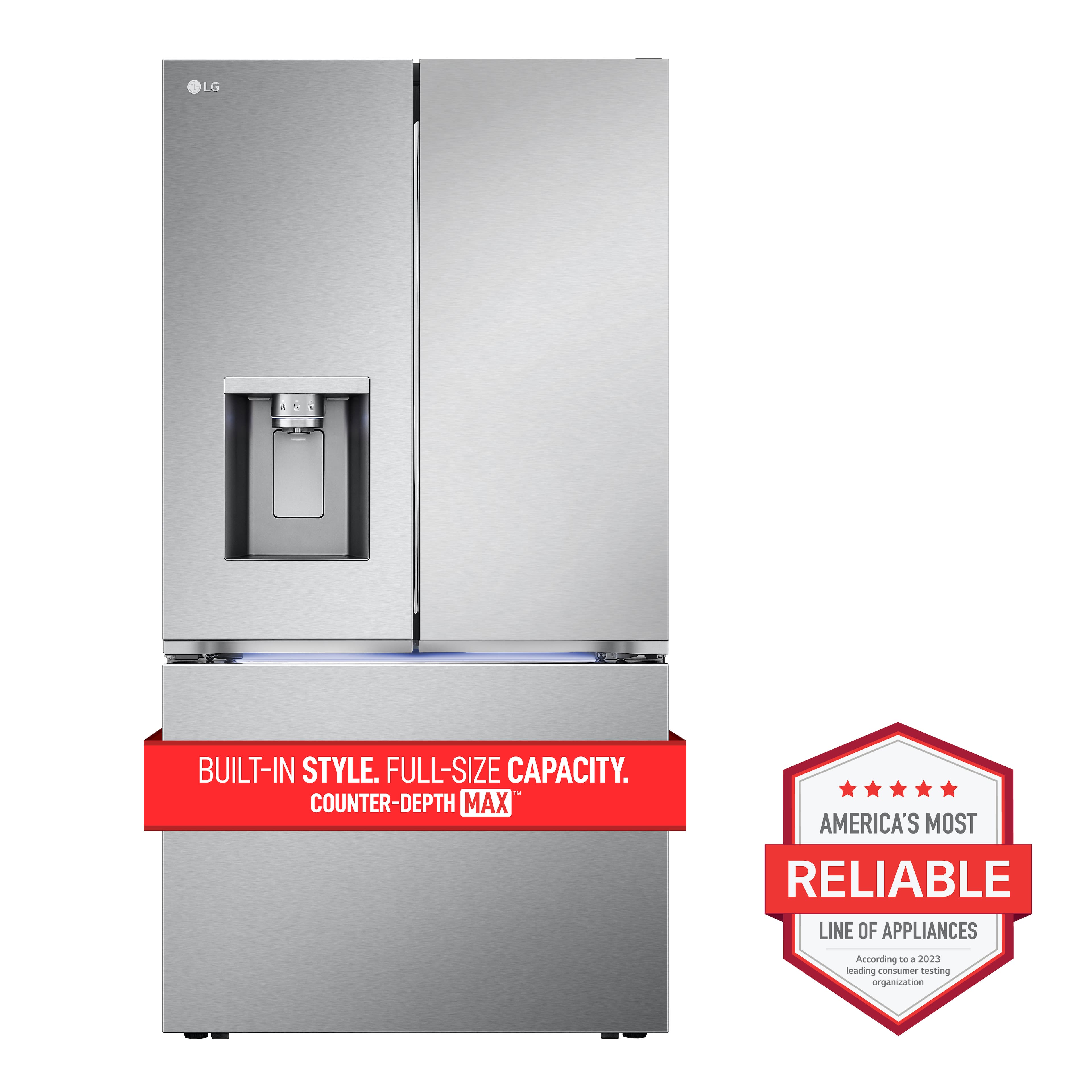 The image features a large, metallic refrigerator with a built-in ice dispenser and water dispenser. The refrigerator is built-in style with full-size capacity, making it a practical and efficient appliance for any kitchen. It is also recognized as America's most reliable line of appliances, as evidenced by the award it has received.