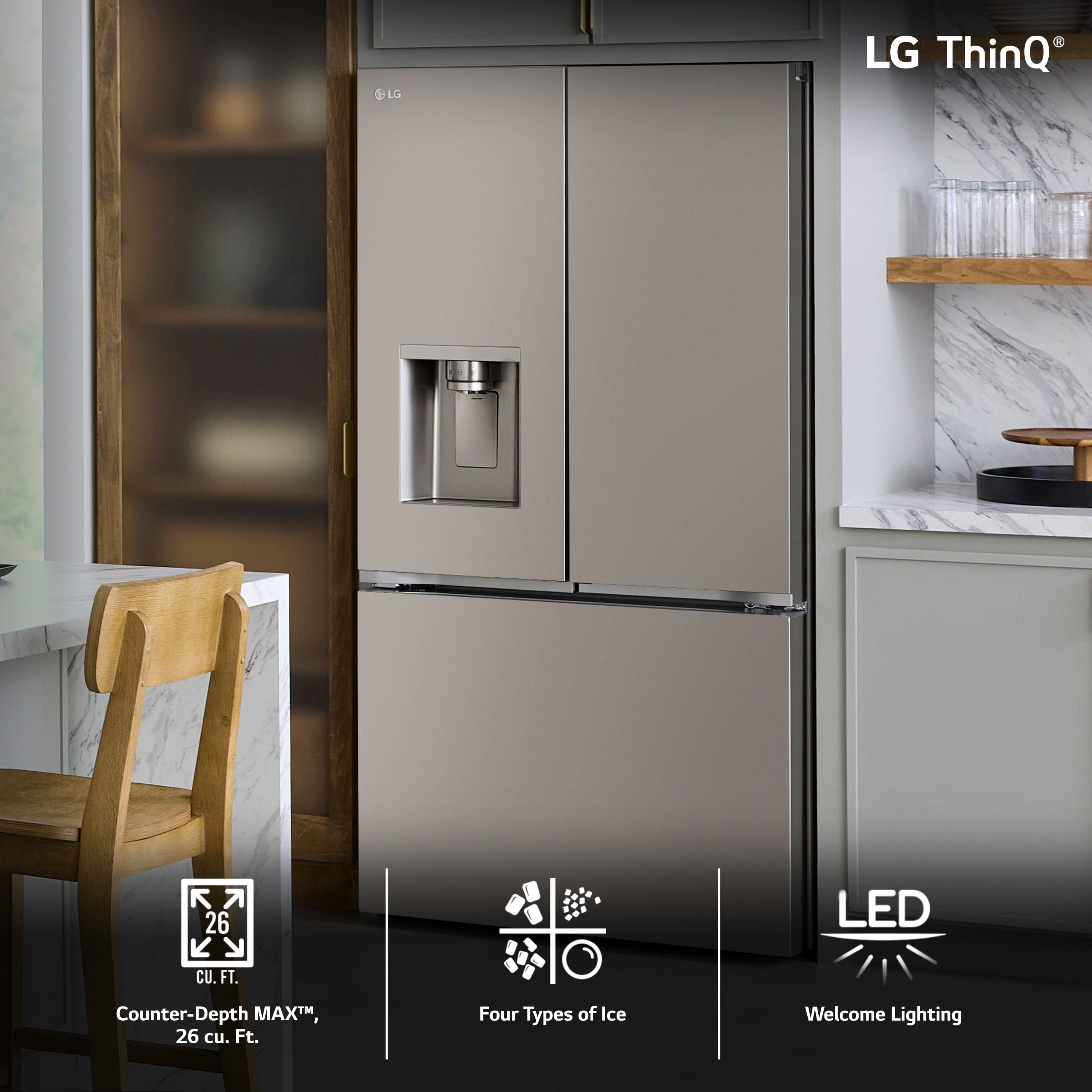Zoom in on The image features a kitchen with a large refrigerator freezer, which is an LG ThinQ model. The refrigerator has a water dispenser and ice maker, making it a convenient and modern appliance. The kitchen also includes a dining table and chairs, creating a comfortable space for meals and gatherings. The refrigerator is placed in front of a counter, which provides additional workspace for food preparation and storage.