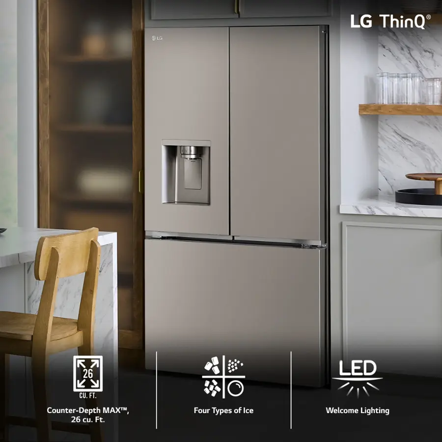 The image features a kitchen with a large refrigerator freezer, which is an LG ThinQ model. The refrigerator has a water dispenser and ice maker, making it a convenient and modern appliance. The kitchen also includes a dining table and chairs, creating a comfortable space for meals and gatherings. The refrigerator is placed in front of a counter, which provides additional workspace for food preparation and storage.