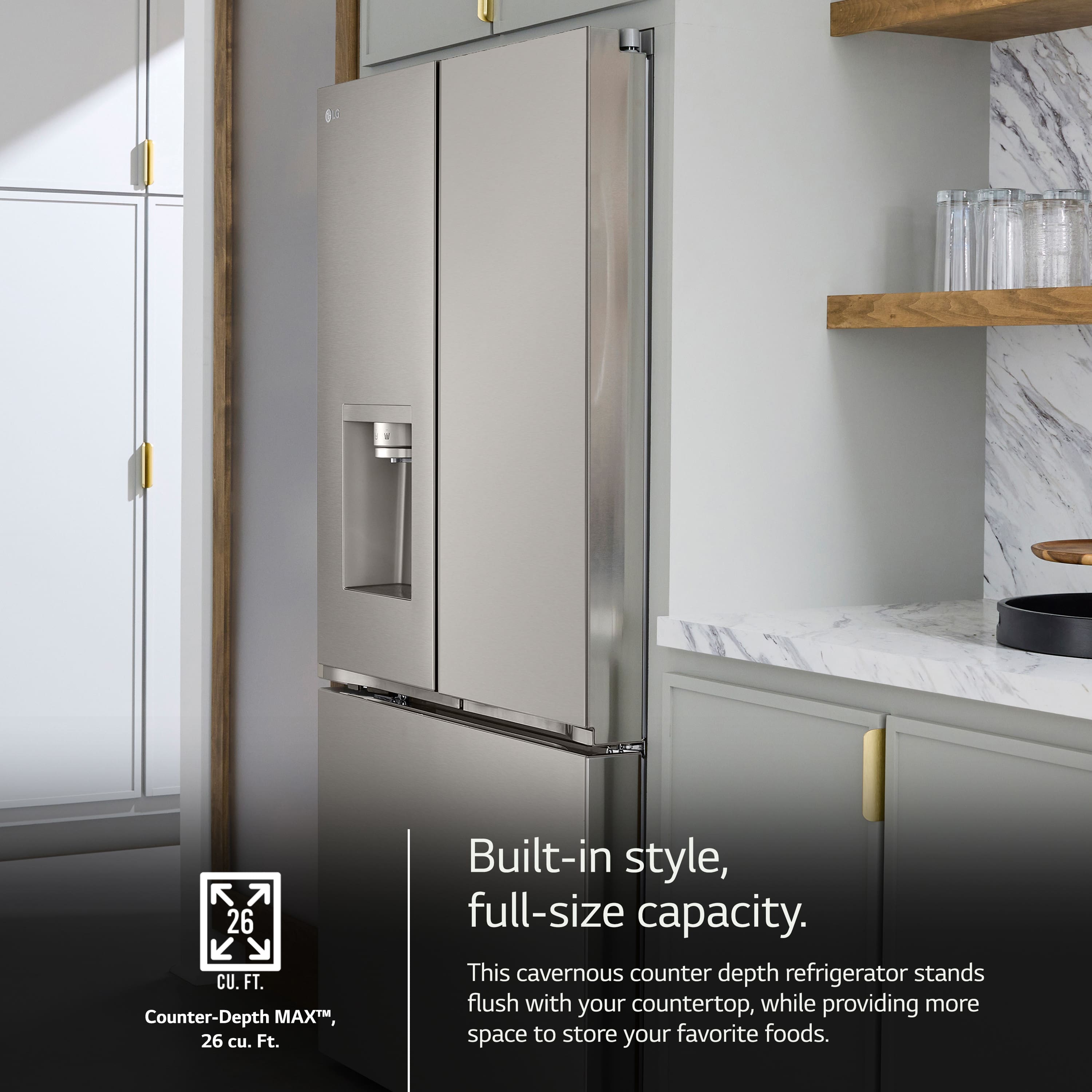 Zoom in on The image features a large, built-in style refrigerator with a full-size capacity. It stands flush with the countertop, offering ample space to store your favorite foods. The refrigerator has a counter-depth design, which maximizes the available space in your kitchen.