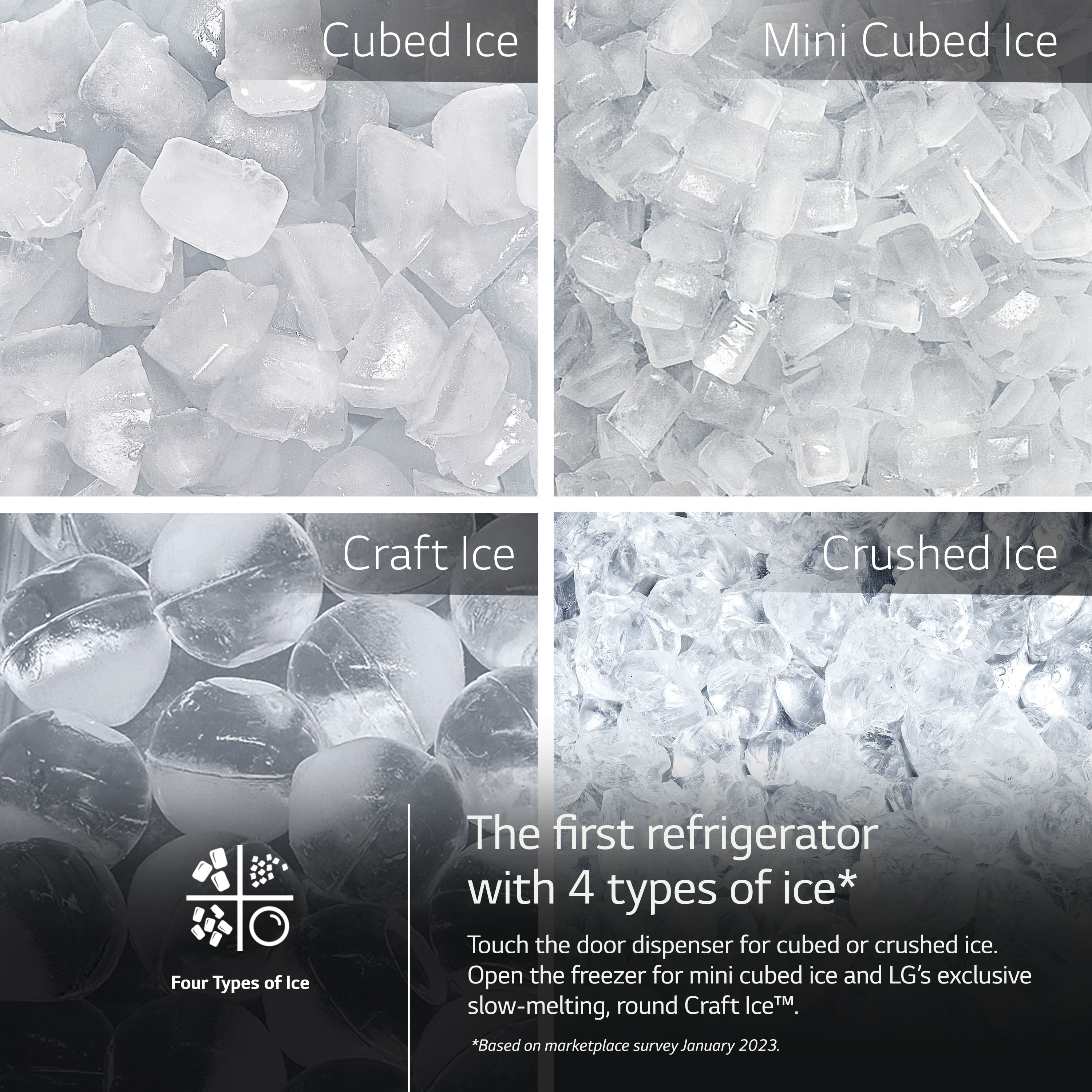 Zoom in on The image features four different types of ice, each with a distinct appearance. The first type is cubed ice, which is commonly used in various beverages and food items. The second type is mini cubed ice, which is smaller in size and is perfect for those who prefer a more compact ice option. The third type is crushed ice, which is ideal for those who enjoy a more crushed texture for their drinks. Lastly, there is craft ice, which is a slow-melting, round ice that offers a unique and exclusive experience.
The image also showcases a refrigerator with a door dispenser that allows users to easily access the different types of ice. By touching the dispenser, users can choose between cubed or crushed ice, while opening the freezer will reveal the mini cubed ice and LG's exclusive slow-melting, round Craft IM. This innovative refrigerator offers a variety of ice options to cater to different preferences and needs.