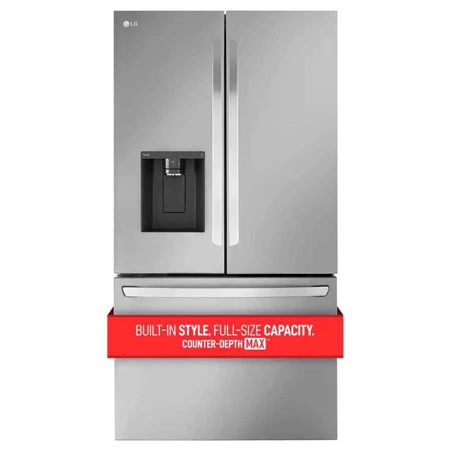 The image features a large, metallic refrigerator with a built-in style and full-size capacity. It is designed with a counter-depth max, which provides a sleek and modern appearance while maximizing the available counter space in the kitchen.