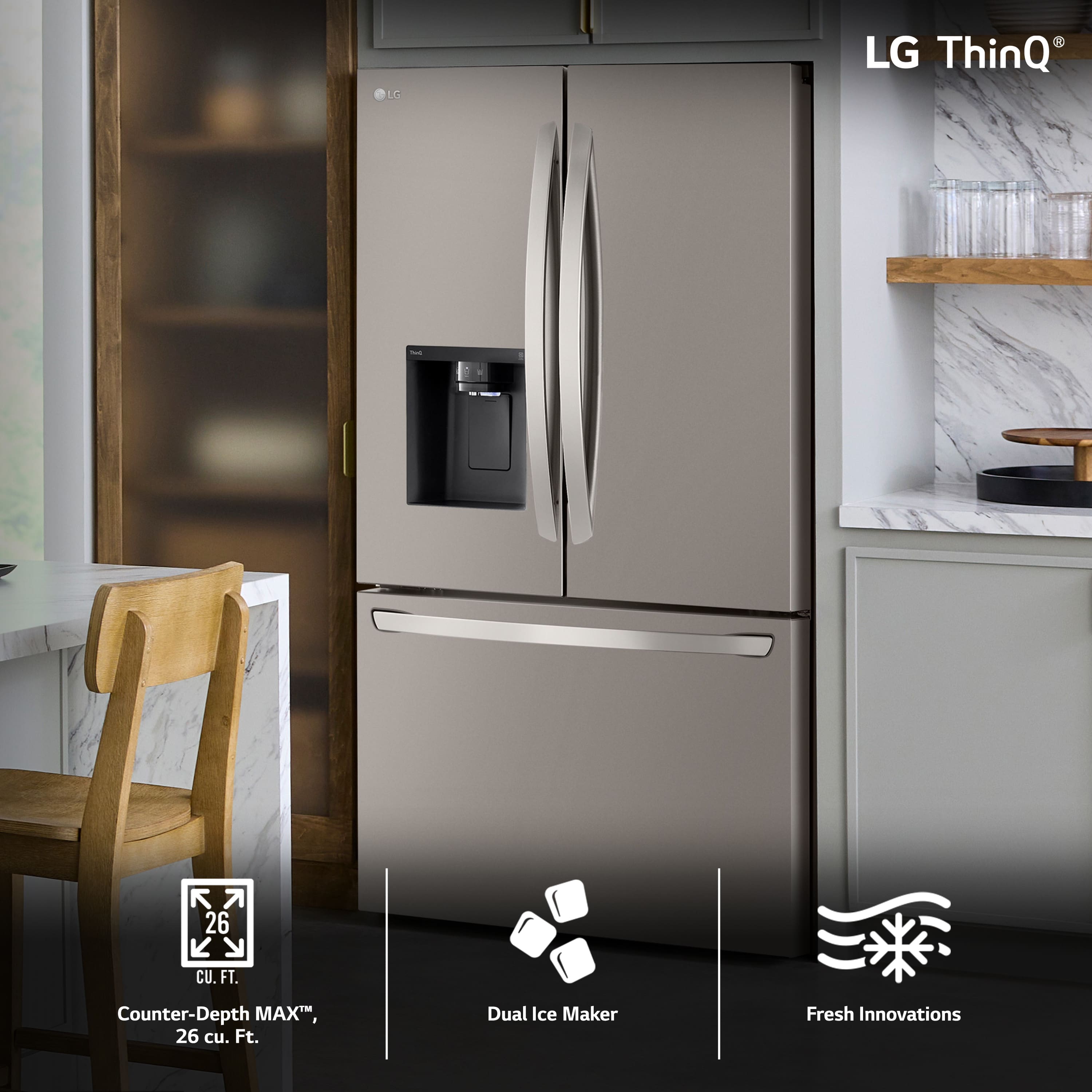 The image features a kitchen with a large refrigerator, which is an LG ThinQ model. The refrigerator has a counter-depth design and is equipped with a dual ice maker. The kitchen also includes a dining table and a chair, as well as a few bottles and cups placed around the area. The overall scene showcases the modern and functional design of the kitchen, with the LG ThinQ refrigerator as the centerpiece.