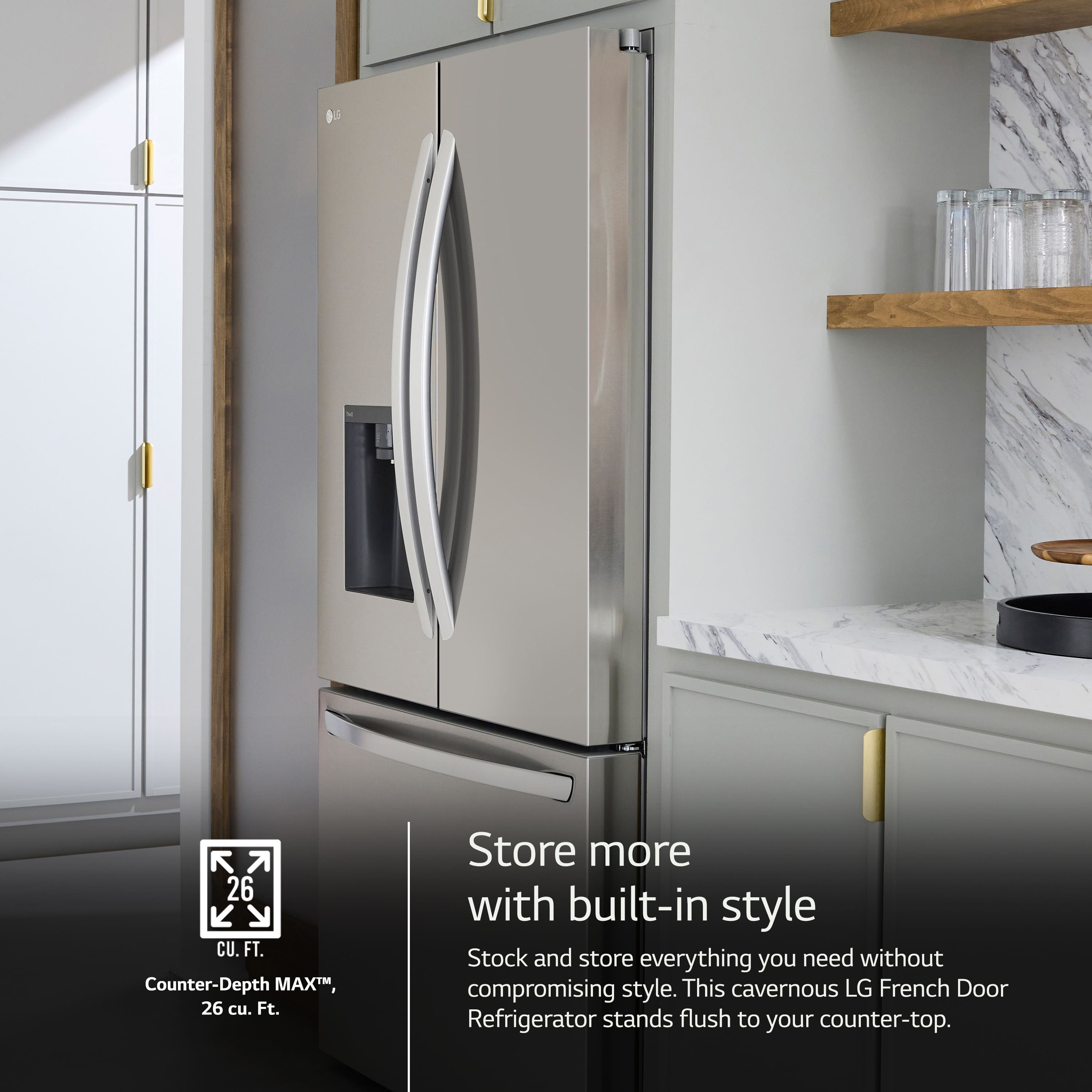 The image features a large stainless steel refrigerator with a built-in style, standing flush to a counter-top. The refrigerator has a French door design and is advertised as having a counter-depth of 26 cu. ft. The ad encourages customers to store more with the built-in style, without compromising on style.