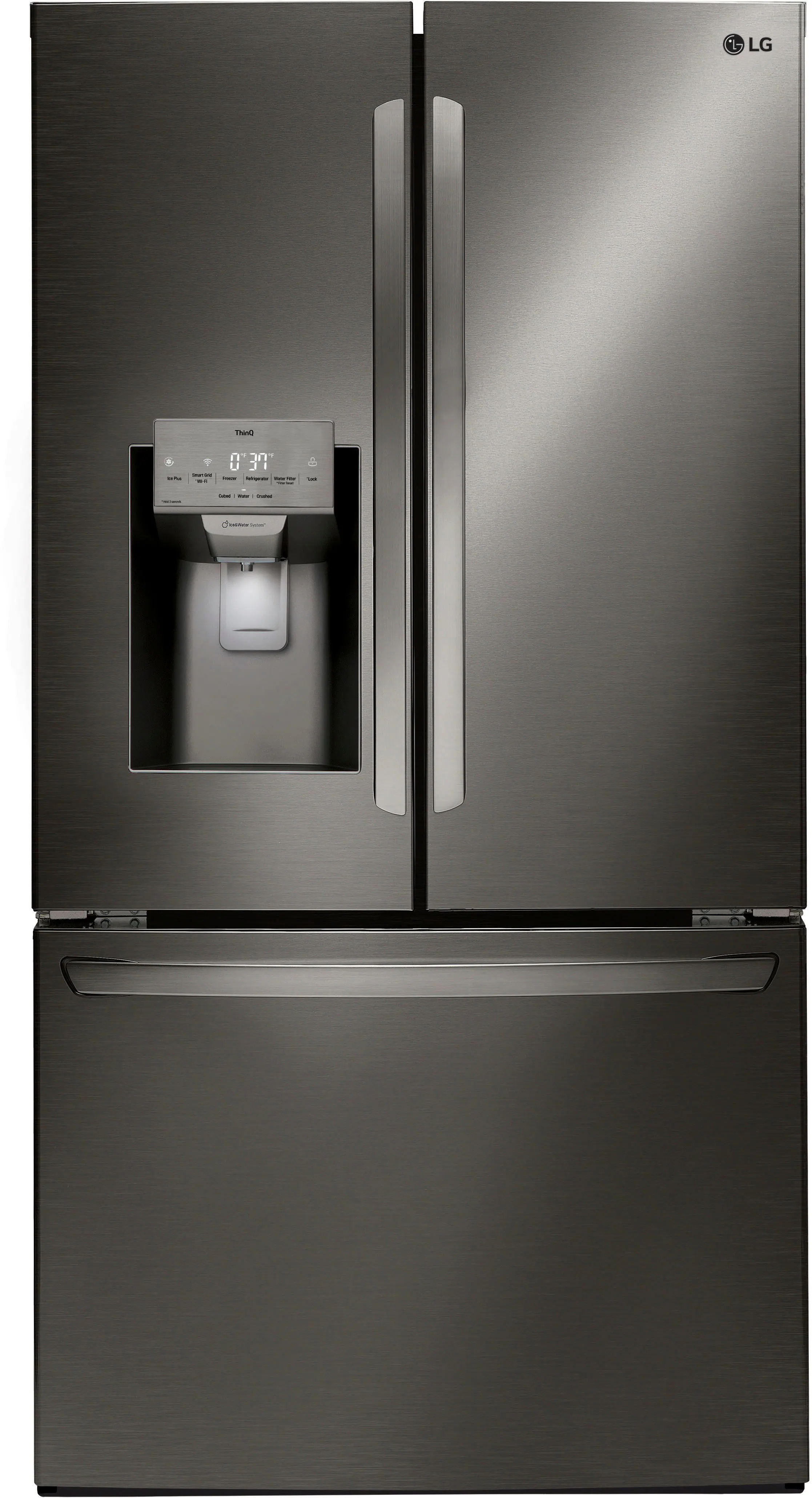 Front. LG - 27.7 Cu. Ft. French Door Smart Refrigerator with External Ice and Water - PrintProof Black Stainless Steel.