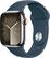 Front. Apple - Apple Watch Series 9 (GPS + Cellular) 41mm Silver Stainless Steel Case with Storm Blue Sport Band w/ Blood Oxygen - M/L - Silver.