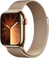 Apple Watch Series 9 (GPS + Cellular) 41mm Gold Stainless Steel Case with Gold Milanese Loop with Blood Oxygen - Gold - Front_Zoom
