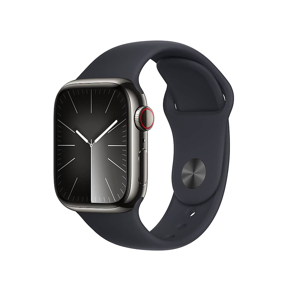 Apple Watch Series 9 (GPS + Cellular) 41mm Graphite Stainless Steel Case with Midnight Sport Band w/ Blood Oxygen - S/M - Graphite - (2023) - Front_Zoom