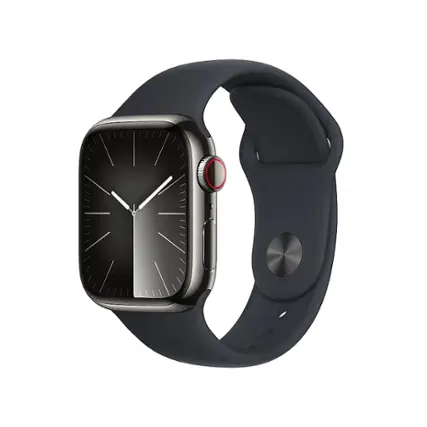 Front. Apple - Apple Watch Series 9 (GPS + Cellular) 41mm Graphite Stainless Steel Case with Midnight Sport Band w/ Blood Oxygen - S/M - Graphite.
