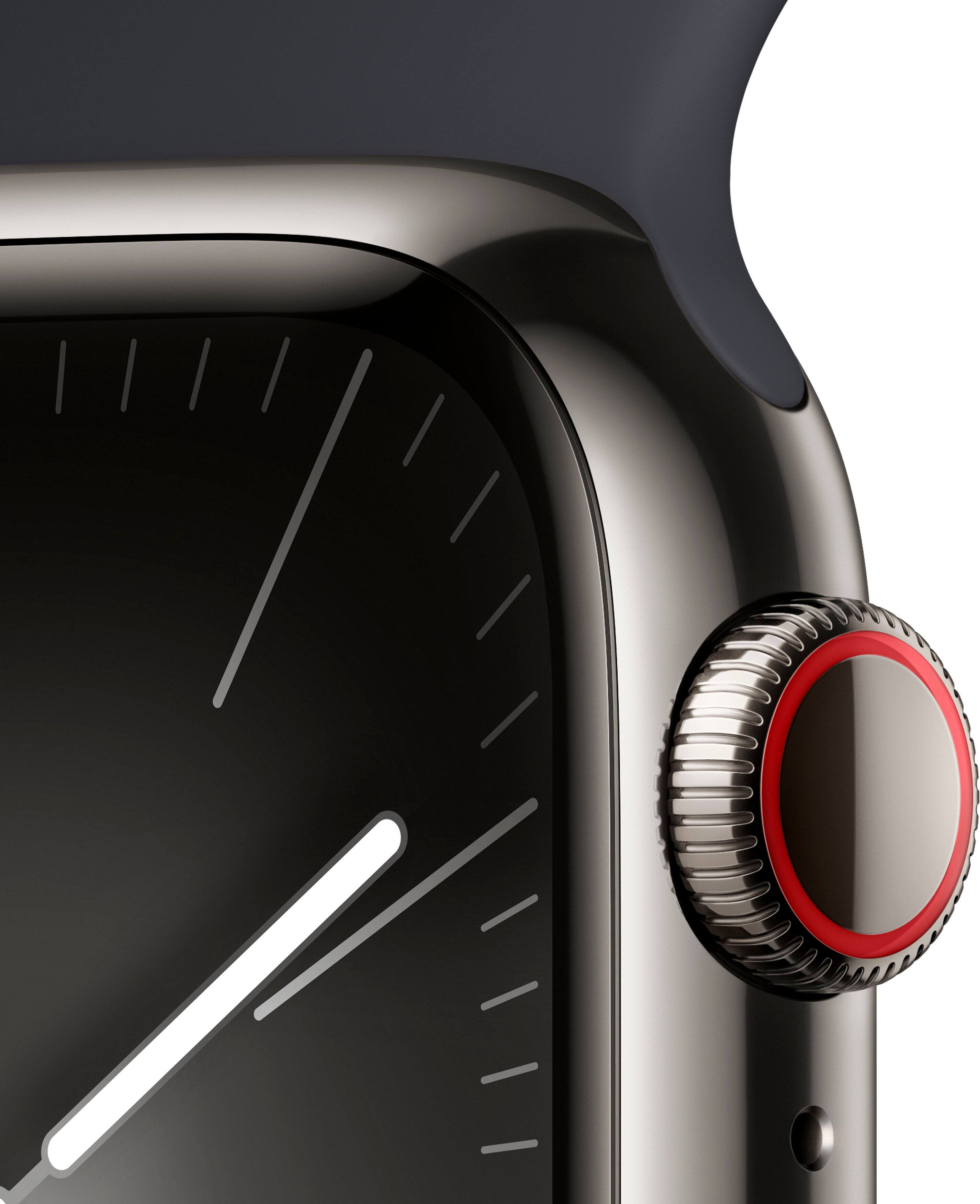 Alt View 12. Apple - Apple Watch Series 9 (GPS + Cellular) 41mm Graphite Stainless Steel Case with Midnight Sport Band w/ Blood Oxygen - M/L - Graphite.