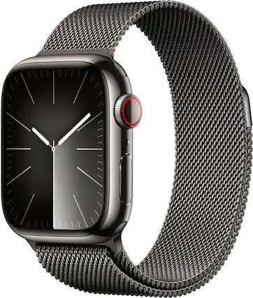 Front. Apple - Apple Watch Series 9 (GPS + Cellular) 41mm Graphite Stainless Steel Case with Graphite Milanese Loop with Blood Oxygen - Graphite.