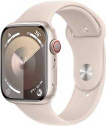 Apple Watch Series 9 (GPS + Cellular) 45mm Starlight Aluminum Case with Starlight Sport Band - S/M - Starlight - Front_Zoom