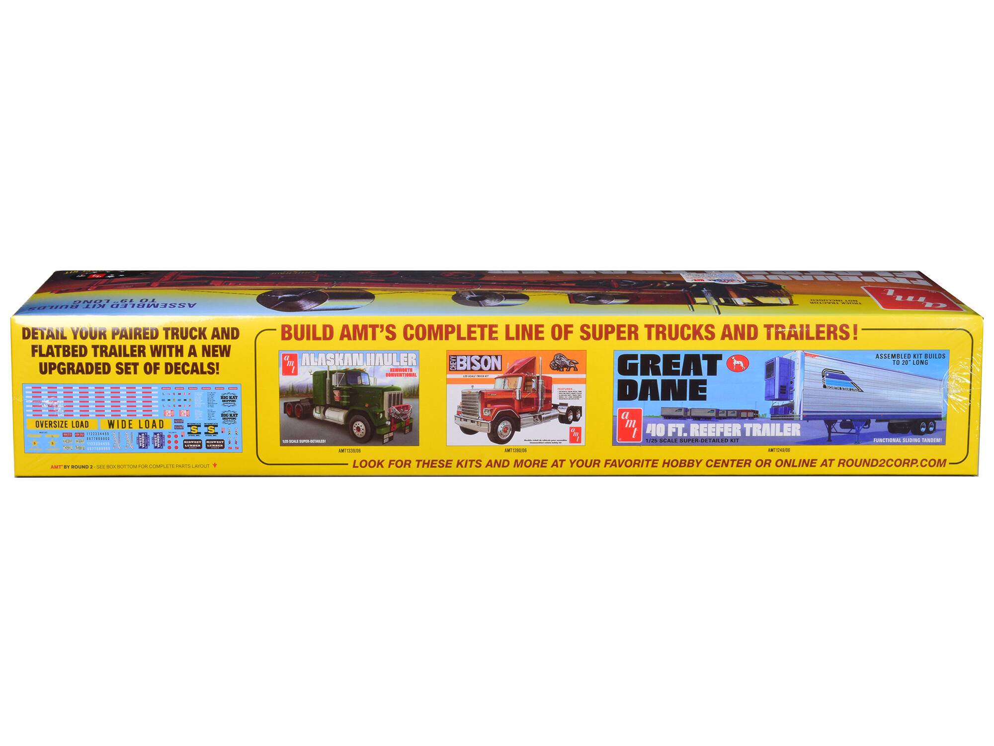 Sure, here is the corrected and grouped text from the image:

---

**DETAIL YOUR PAIRED TRUCK AND FLATBED TRAILER WITH A NEW UPGRADED SET OF DECALS!**

- **OVERSIZE LOAD**
- **WIDE LOAD**

**BUILD AMT'S COMPLETE LINE OF SUPER TRUCKS AND TRAILERS!**

- **ALASKAN HAULER**
- **BISON**
- **GREAT DANE**

**40 FT. REEFER TRAILER**

**LOOK FOR THESE KITS AND MORE AT YOUR FAVORITE HOBBY CENTER OR ONLINE AT ROUND2CORP.COM**

---

This text is organized to reflect the key points and product details from the image.