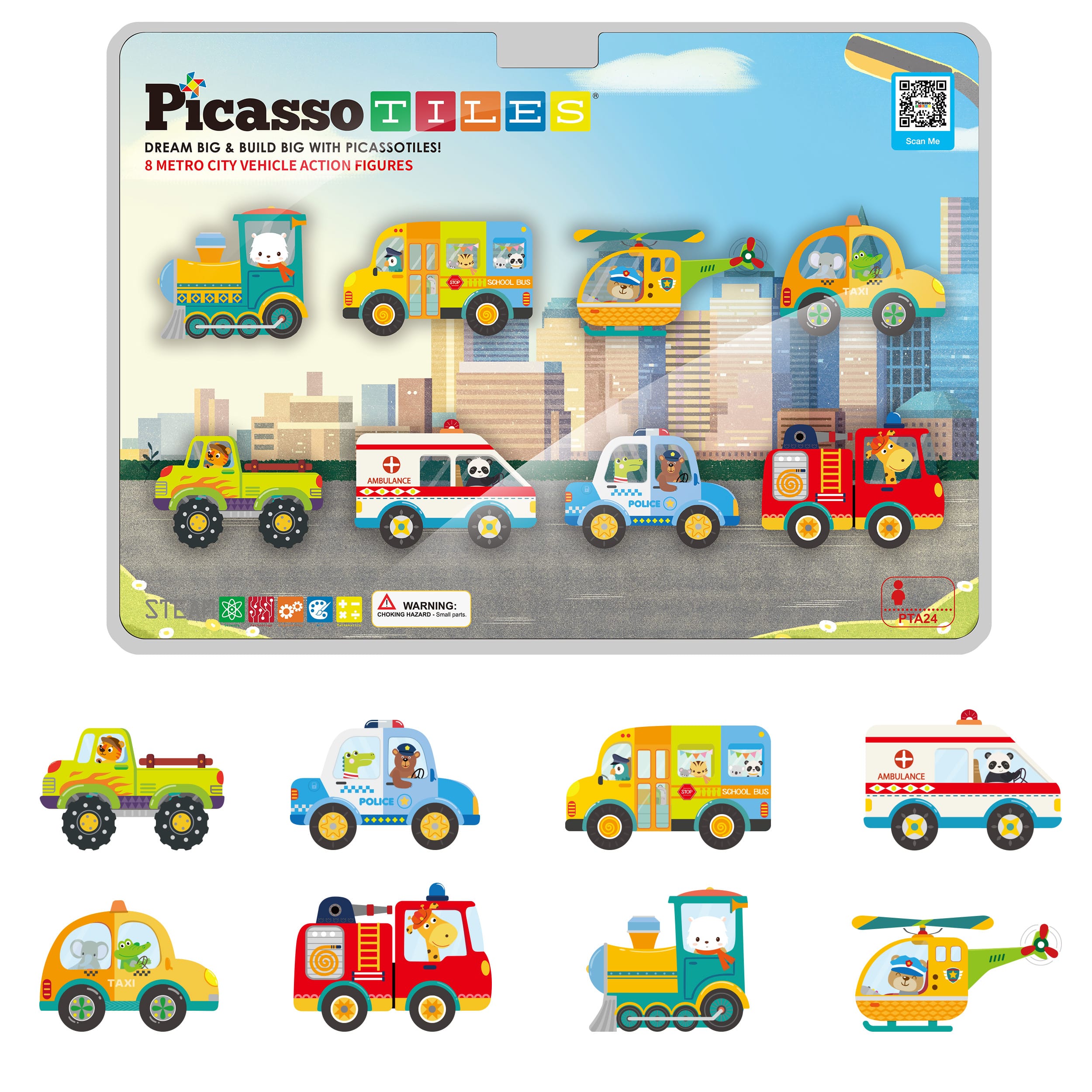 Picasso TILES  
DREAM BIG & BUILD BIG WITH PICASSOTILES!  
8 METRO CITY VEHICLE ACTION FIGURES  

- SCHOOL BUS  
- AMBULANCE  
- POLICE  
- TAXI  
- FIRE TRUCK  
- TRAIN  
- HELICOPTER  

WARNING: CHOKING HAZARD - Small parts. Not for children under 3 years.  

PTA24 AMBULANCE  
POLICE - 300  

Scan Me