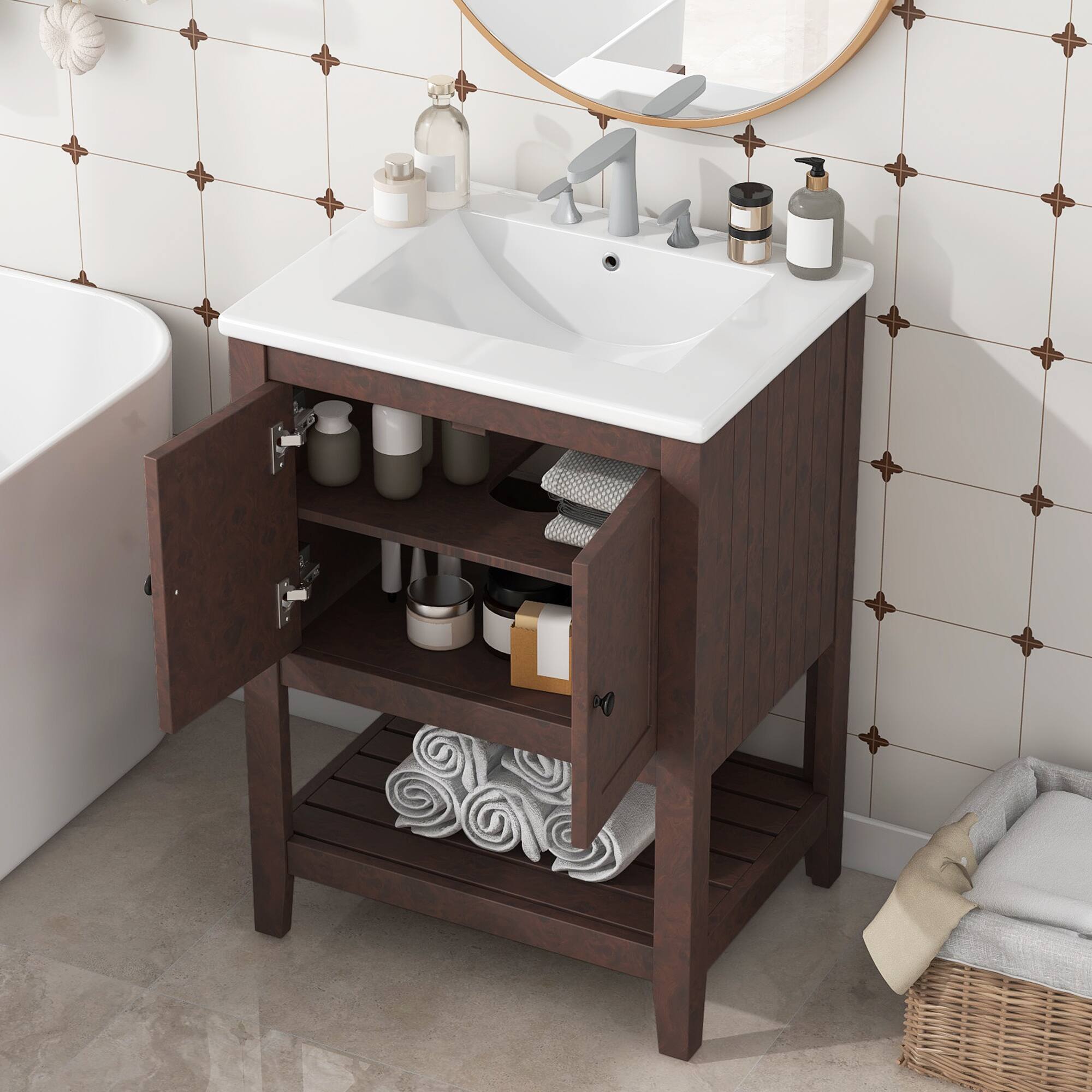 Angle. Whisen - 24-Inch Freestanding Bathroom Vanity with Ceramic Sink and Open Style Shelf - Brown.