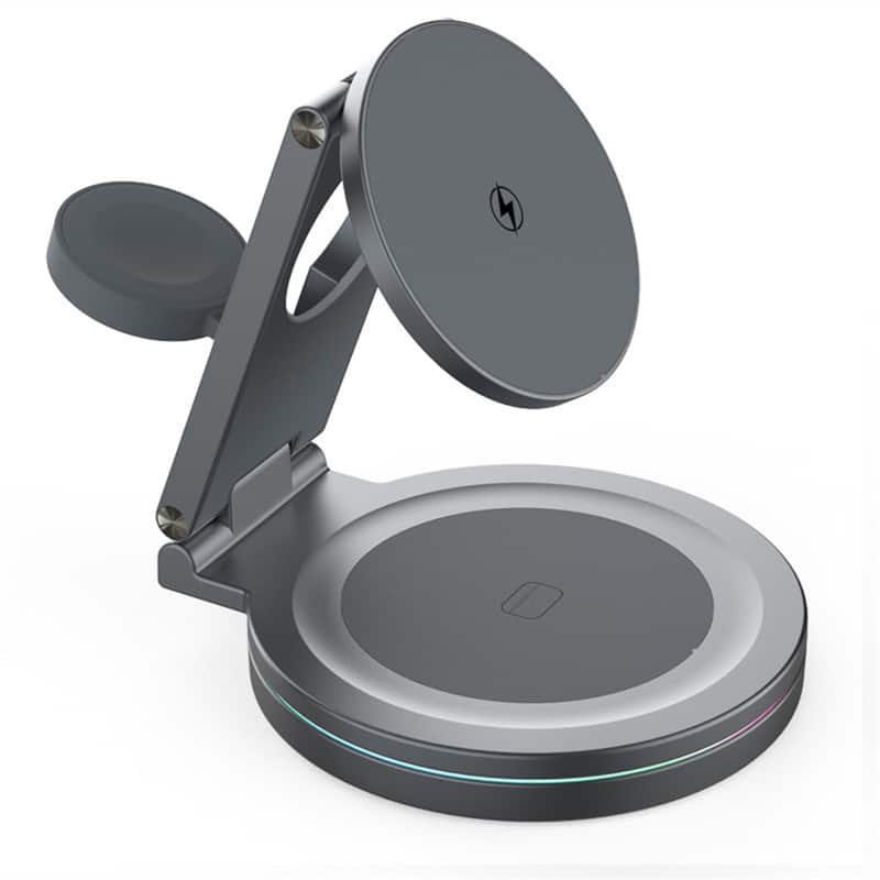 RISOKEYS - 360° Rotating Wireless Charger - Power Adapter, Metal Folding 3-in-1 Stand with Magnetic Fast Charging