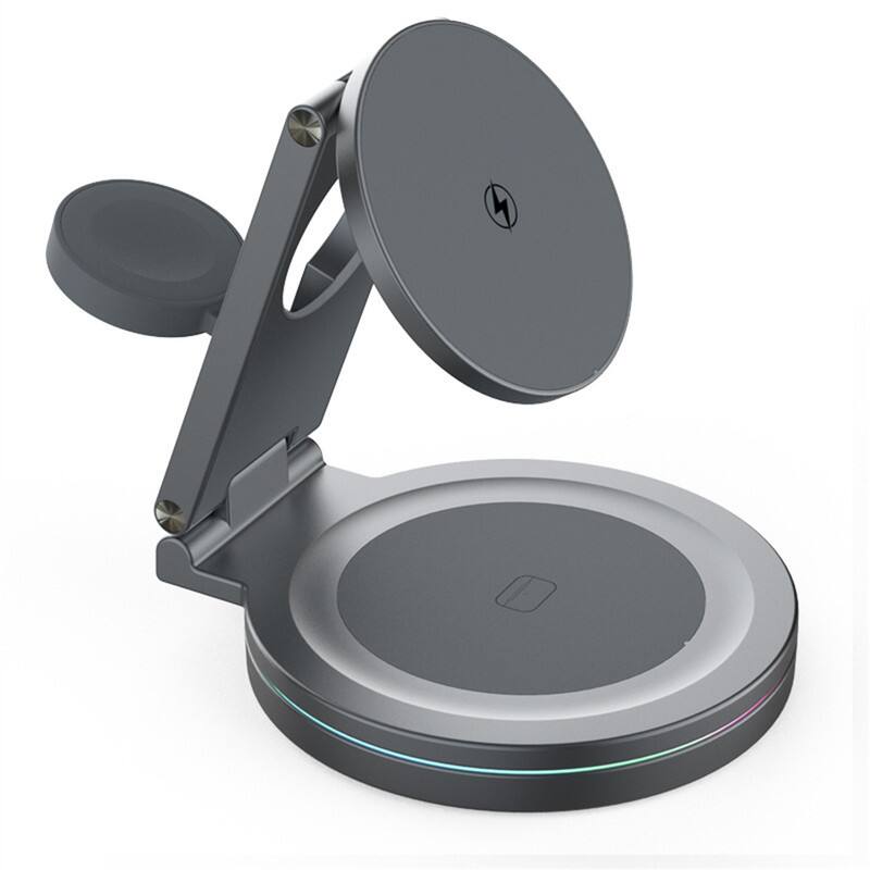 Front. RISOKEYS - 360° Rotating Wireless Charger - Power Adapter, Metal Folding 3-in-1 Stand with Magnetic Fast Charging.
