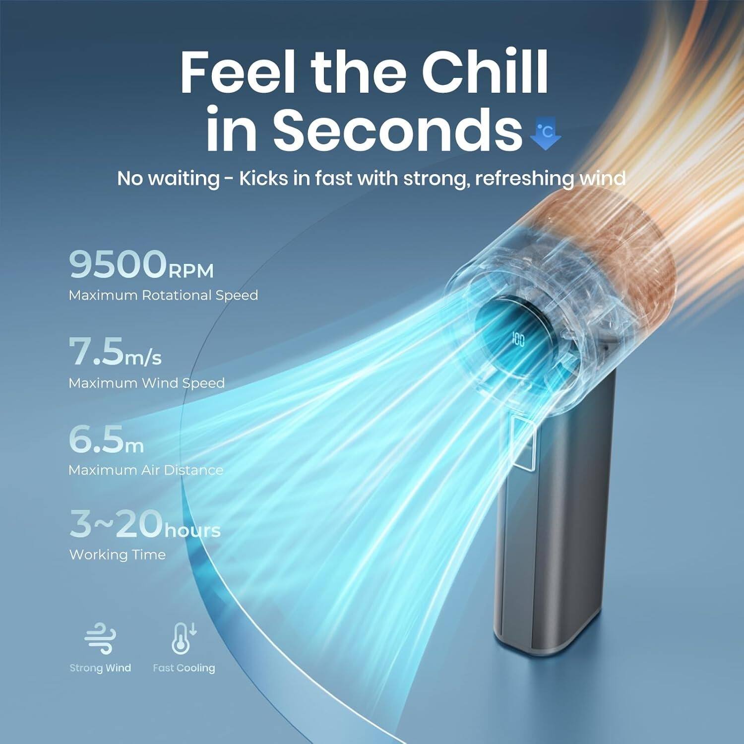 Feel the Chill in Seconds  
No waiting - Kicks in fast with strong, refreshing wind  

9500RPM  
Maximum Rotational Speed  

7.5m/s  
Maximum Wind Speed  

6.5m  
Maximum Air Distance  

3~20 hours  
Working Time  

Strong Wind  
Fast Cooling