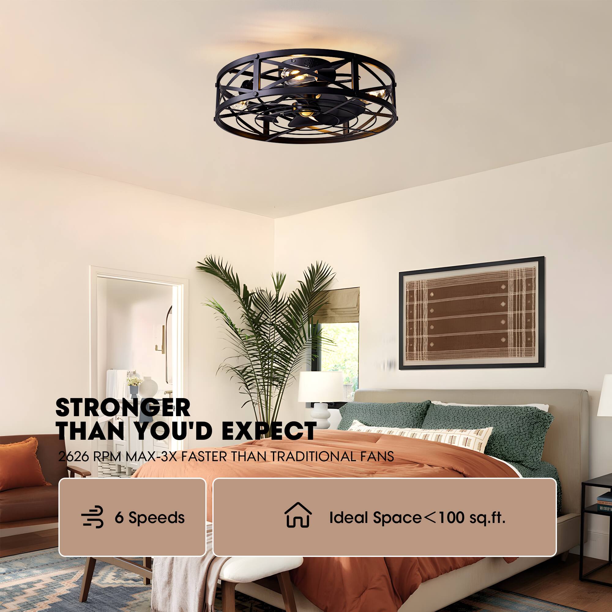 STRONGER THAN YOU'D EXPECT  
2626 RPM MAX-3X FASTER THAN TRADITIONAL FANS  
6 Speeds  
Ideal Space <100 sq.ft.