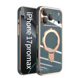 Dteck - Mag Safe Case for Apple iPhone 17 Pro Max,Slim Shockproof TPU Case with Metal Stand Plated Bumper Bulit in Lens Film - Grayblue