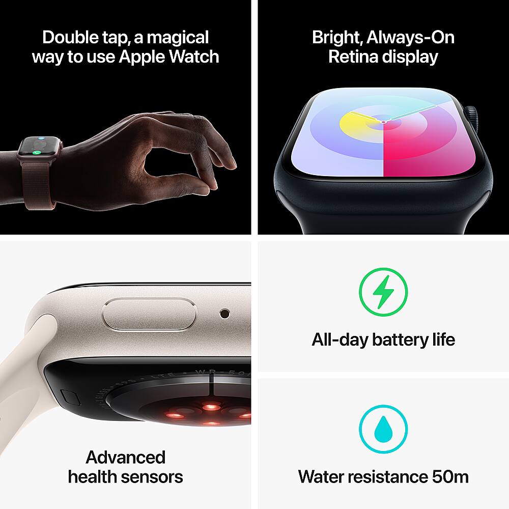 The text on the image is grouped and corrected as follows:
1. Double tap: A magical way to use Apple Watch
2. Bright, Always-On Retina display
3. All-day battery life
4. Advanced health sensors
5. Water resistance 50m
These are the main features of the Apple Watch, which are showcased in the image.