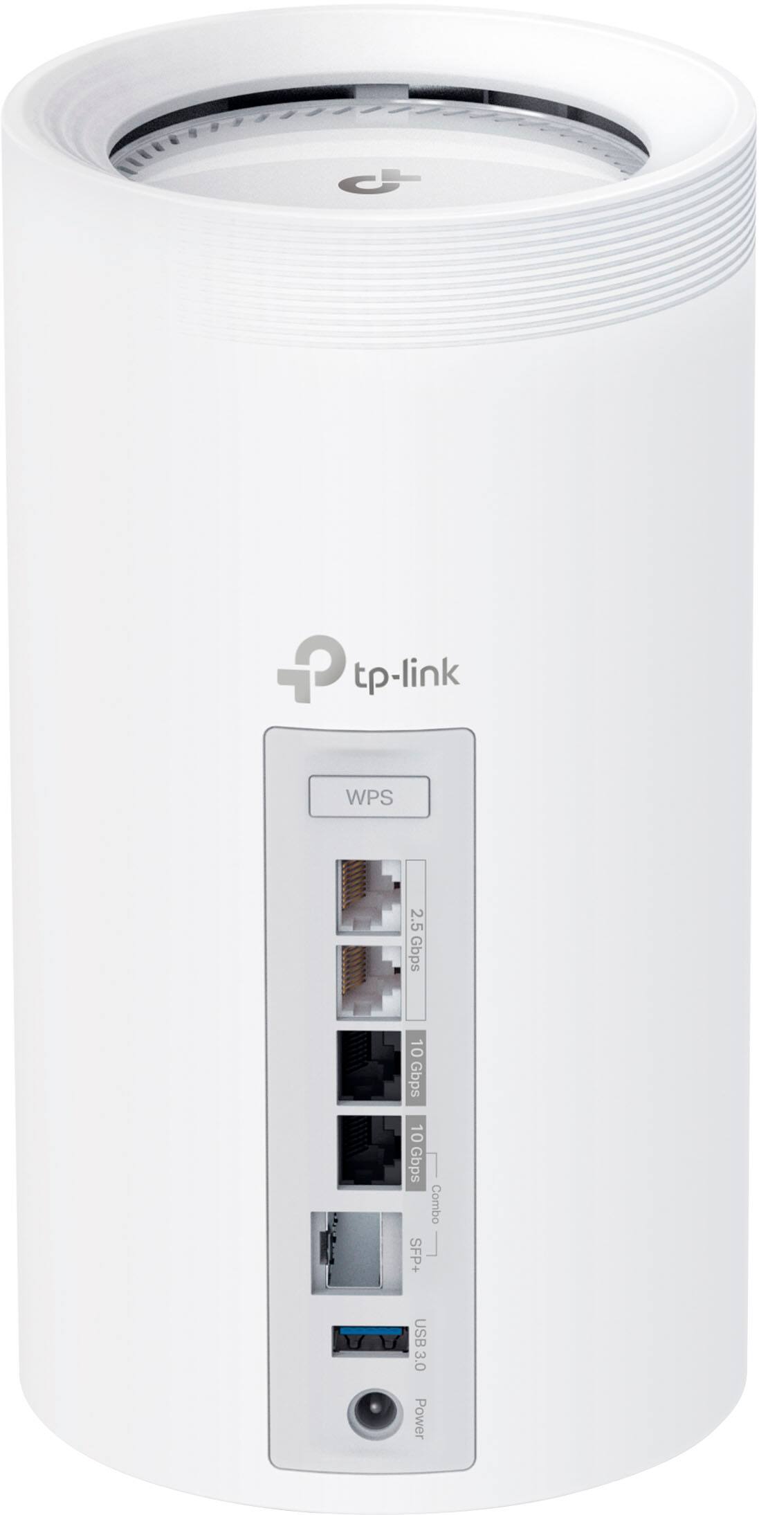 The text on the image reads: "C P tp-link WPS 2.5 Gbps 10 Gbps 10 Gbps Combo SFP+ USB 3.0 Power." This text is describing a device that has a combination of features, including a WPS button for easy setup, a USB 3.0 port for fast data transfer, and a power button for easy access to the device. The device is also capable of supporting 2.5 Gbps and 10 Gbps speeds, making it suitable for high-speed internet connections. The presence of a SFP+ port suggests that it can support fiber optic connections, further enhancing its capabilities.