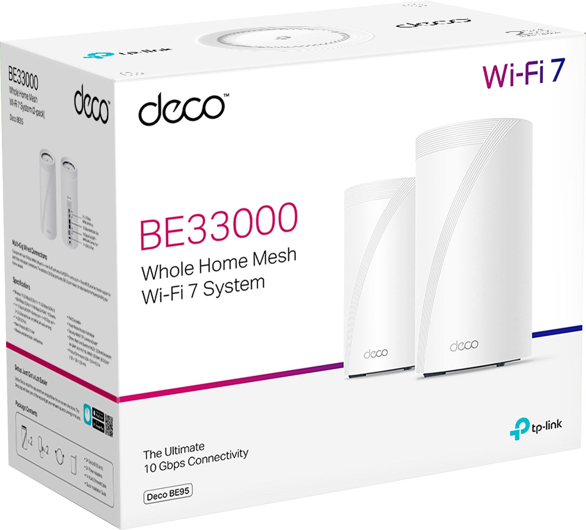 The image shows a box containing a Wi-Fi 7 system, specifically the Deco BE33000 Home Mesh Whole System. This system is designed to provide ultimate connectivity with a 10 Gbps connection. The box contains a router and a range extender, which work together to create a seamless Wi-Fi network throughout the home. The Deco system is compatible with Wi-Fi 7, ensuring that users can enjoy the latest technology and fast speeds for their devices.