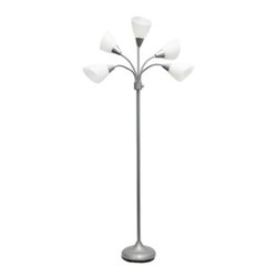 Simple Designs - 5 Light Adjustable Gooseneck Floor Lamp - Silver/White Shades - Front_Zoom