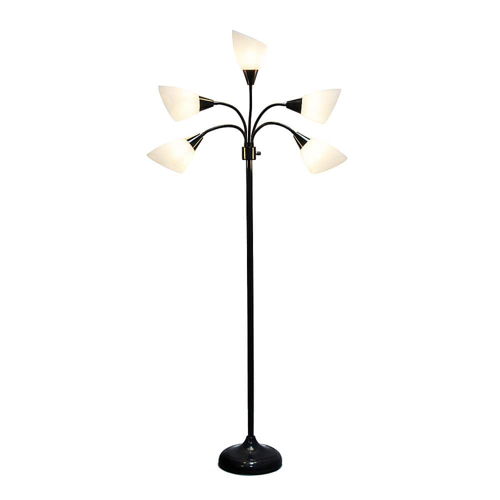 Angle View: Simple Designs 5 Light Adjustable Gooseneck Floor Lamp - Black/White Shades