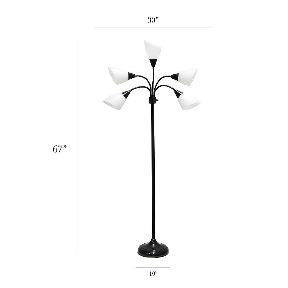 Left View: Simple Designs 5 Light Adjustable Gooseneck Floor Lamp - Black/White Shades