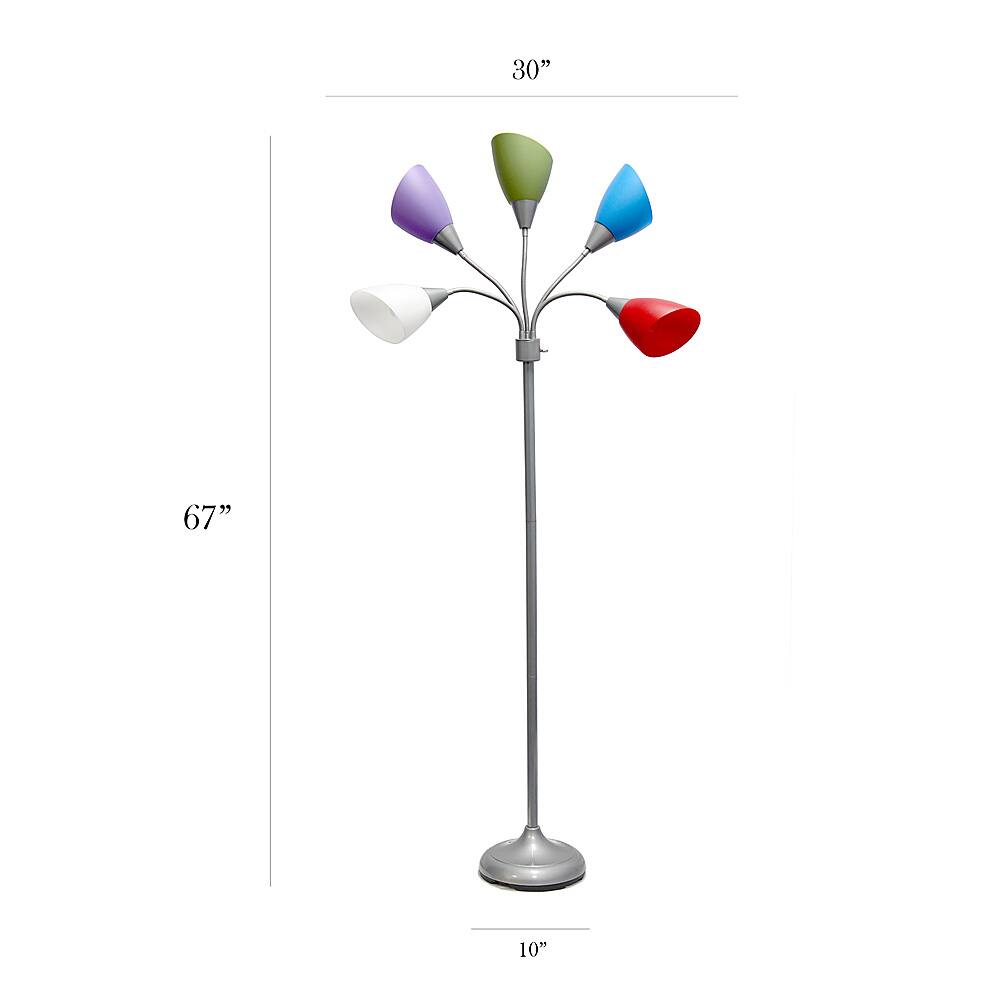 Left View: Simple Designs - 5 Light Adjustable Gooseneck Floor Lamp - Silver/Primary Multicolored Shades