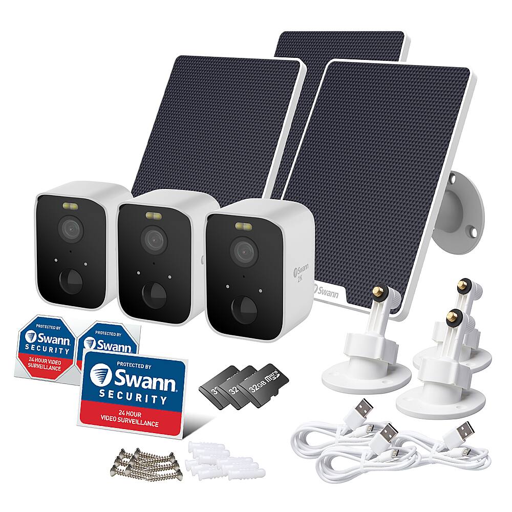 Angle View: Swann - CoreCam Pro 3-pack Indoor/Outdoor Wire-Free 2K 32GB Micro SD Card Security Camera w/ Spotlight and solar panels