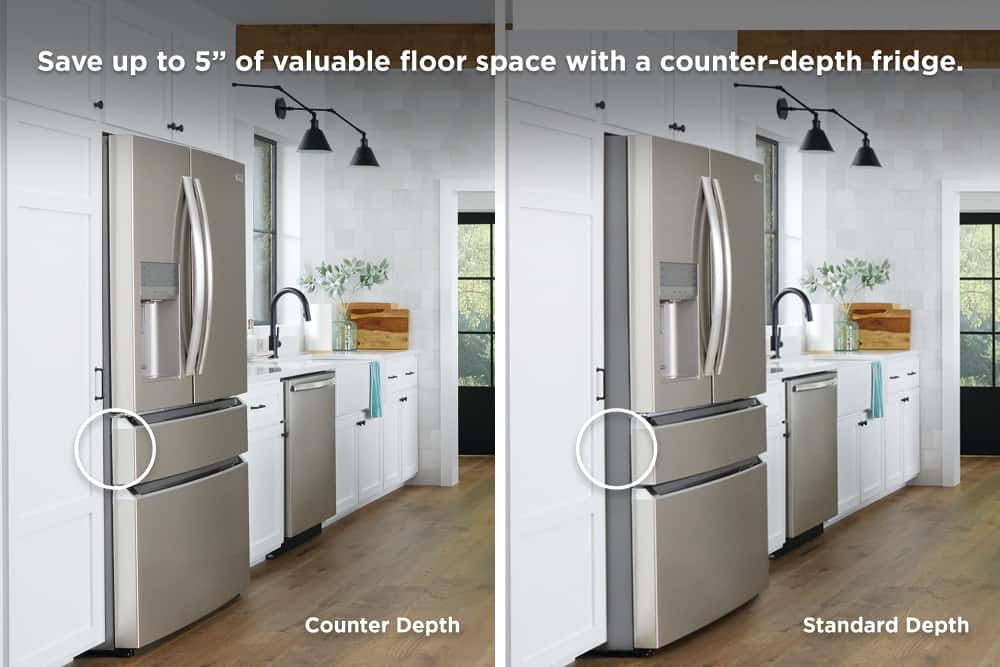 Save up to 5" of valuable floor space with a counter-depth fridge. Standard Depth Counter Depth