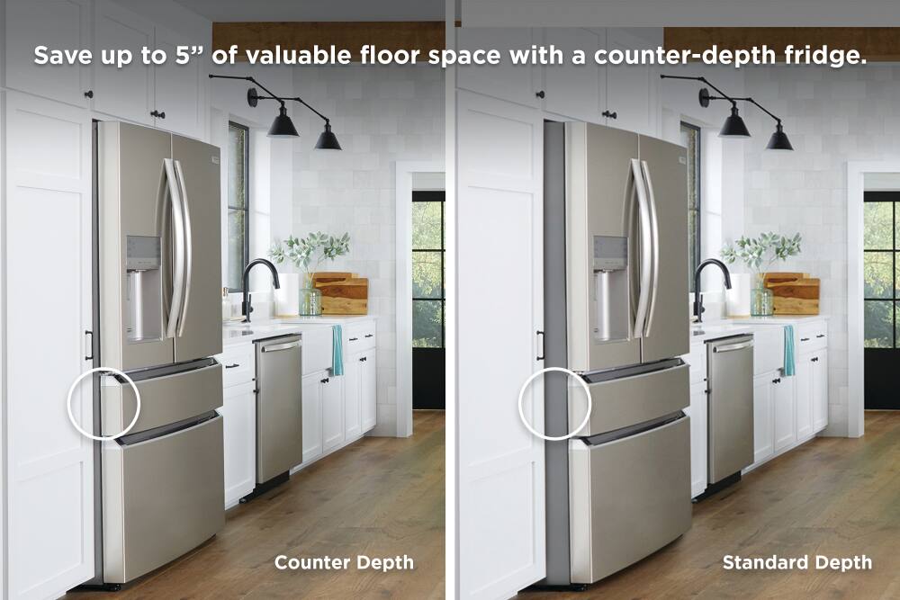 Save up to 5" of valuable floor space with a counter-depth fridge. Standard Depth Counter Depth