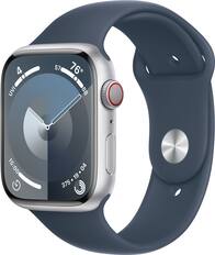 Front. Apple - Apple Watch Series 9 (GPS + Cellular) 45mm Silver Aluminum Case with Storm Blue Sport Band with Blood Oxygen - S/M - Silver.