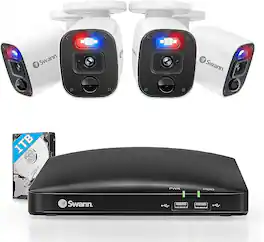Swann - Home 8 Channel, 4 Bullet Camera with One-Way Audio, Indoor/Outdoor 1080P HD, 1TB HDD Wired DVR Security System - Black