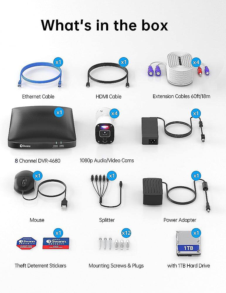 What's in the box:
1. Ethernet Cable
2. HDMI Cable
3. Extension Cables (60ft/18m)
4. Swann 8 Channel DVR-4680
5. 1080p Audio/Video Cams
6. Mouse
7. Splitter
8. Power Adapter
9. Swann SECURITY HAE OET
10. Swann SECURITY 1TB Theft Deterrent Stickers
11. Mounting Screws & Plugs
12. 1TB Hard Drive
The image features a variety of items, including cables, a DVR, a mouse, and a hard drive, which are all part of a video surveillance system. The items are arranged in a list, with each item accompanied by a number, indicating its position in the list.