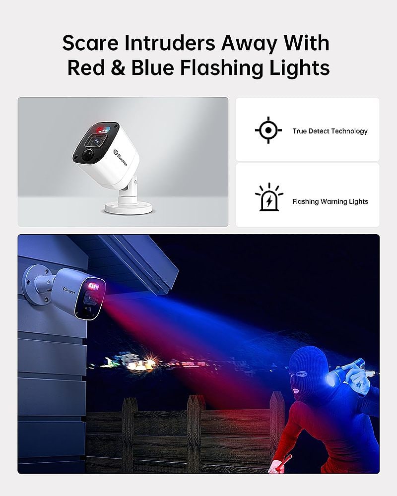 The image features a person wearing a mask and holding a gun, which is a part of a video surveillance system. The system includes red and blue flashing lights, which are designed to scare intruders away. The image also showcases a close-up of a security camera, emphasizing the importance of surveillance in protecting homes and properties.
