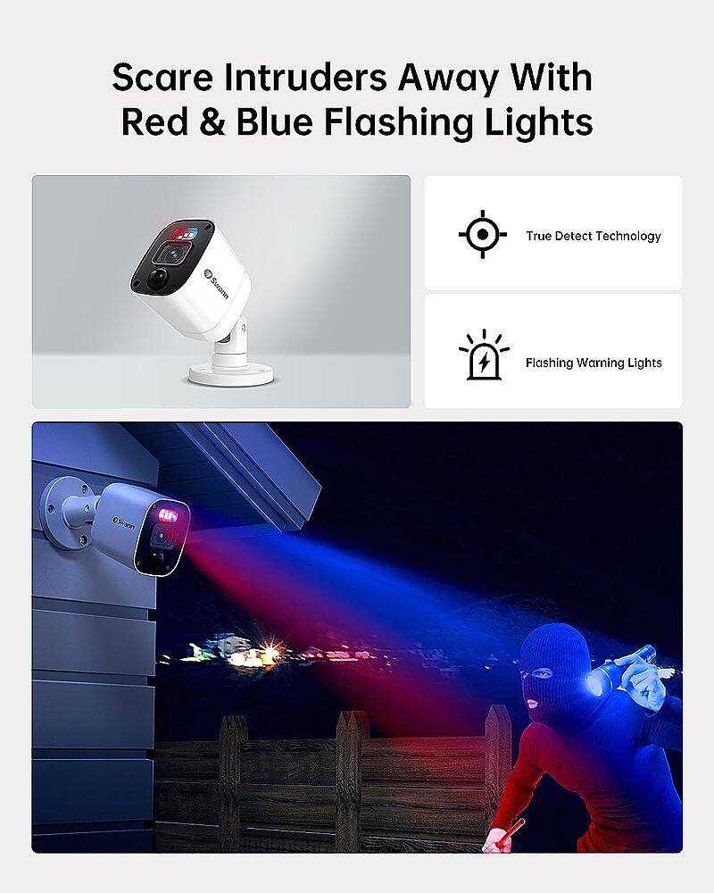 The image features a person wearing a mask and holding a gun, which is a part of a video surveillance system. The system includes red and blue flashing lights, which are designed to scare intruders away. The image also showcases a close-up of a security camera, emphasizing the importance of surveillance in protecting homes and properties.