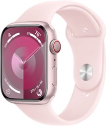 Apple Watch Series 9 (GPS + Cellular) 45mm Pink Aluminum Case with Light Pink Sport Band - S/M - Pink - Front_Zoom