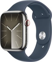 Apple Watch Series 9 (GPS + Cellular) 45mm Silver Stainless Steel Case with Storm Blue Sport Band w/ Blood Oxygen - M/L - Silver - Front_Zoom