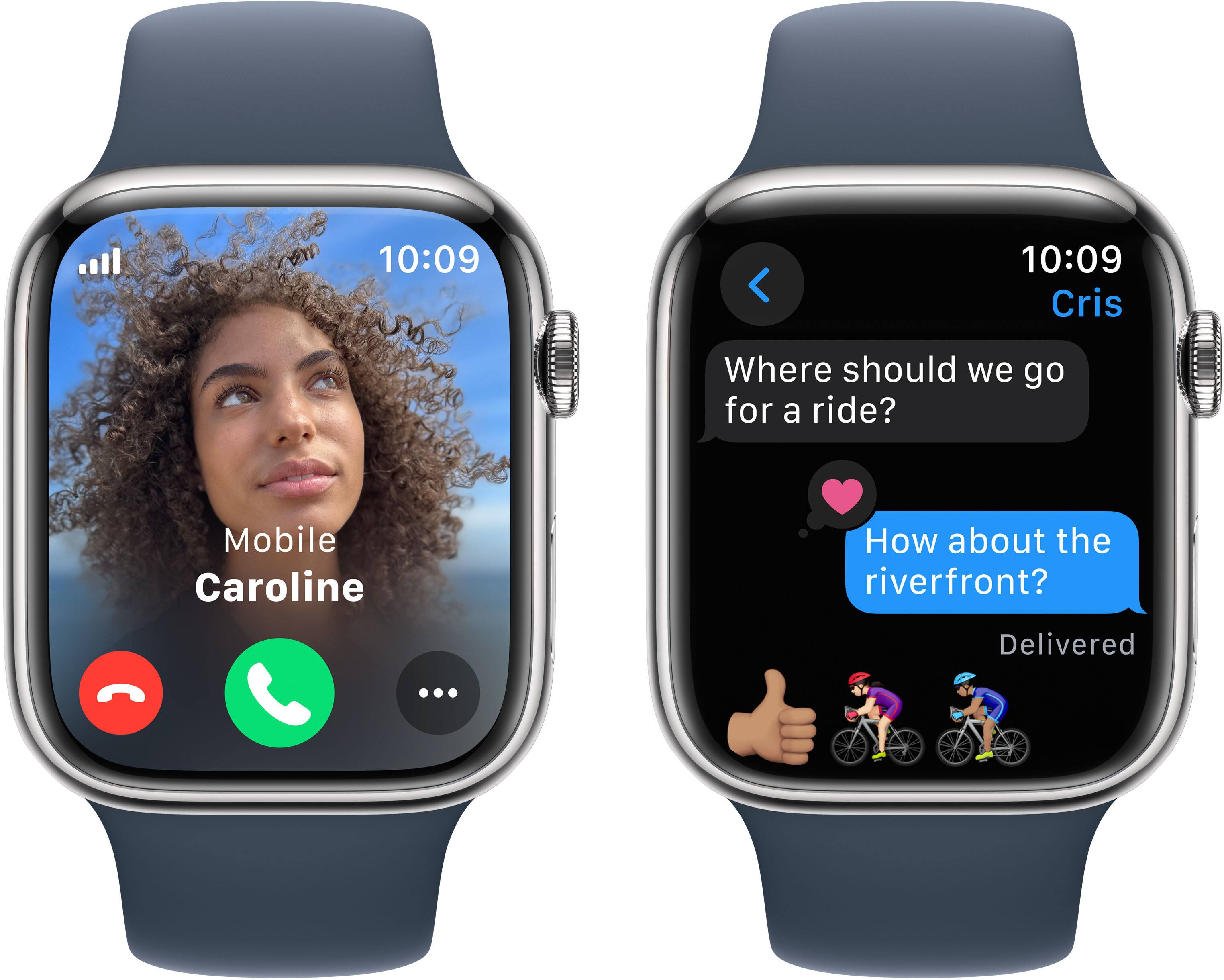 Alt View 15. Apple - Apple Watch Series 9 (GPS + Cellular) 45mm Silver Stainless Steel Case with Storm Blue Sport Band w/ Blood Oxygen - M/L - Silver.