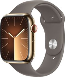 Apple Watch Series 9 (GPS + Cellular) 45mm Gold Stainless Steel Case with Clay Sport Band with Blood Oxygen - S/M - Gold - Front_Zoom