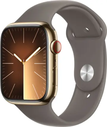 Front. Apple - Apple Watch Series 9 (GPS + Cellular) 45mm Gold Stainless Steel Case with Clay Sport Band with Blood Oxygen - S/M - Gold.