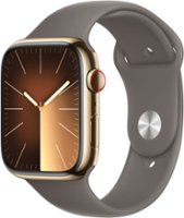 Apple Watch Series 9 (GPS + Cellular) 45mm Gold Stainless Steel Case with Clay Sport Band with Blood Oxygen - M/L - Gold - Front_Zoom