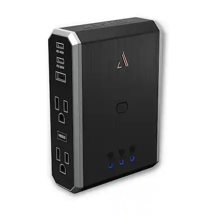 Front. Austere - VII Series Power 4-Outlet/3-USB Wall Tap 3,500 Joules Surge Protector - Black and Silver.