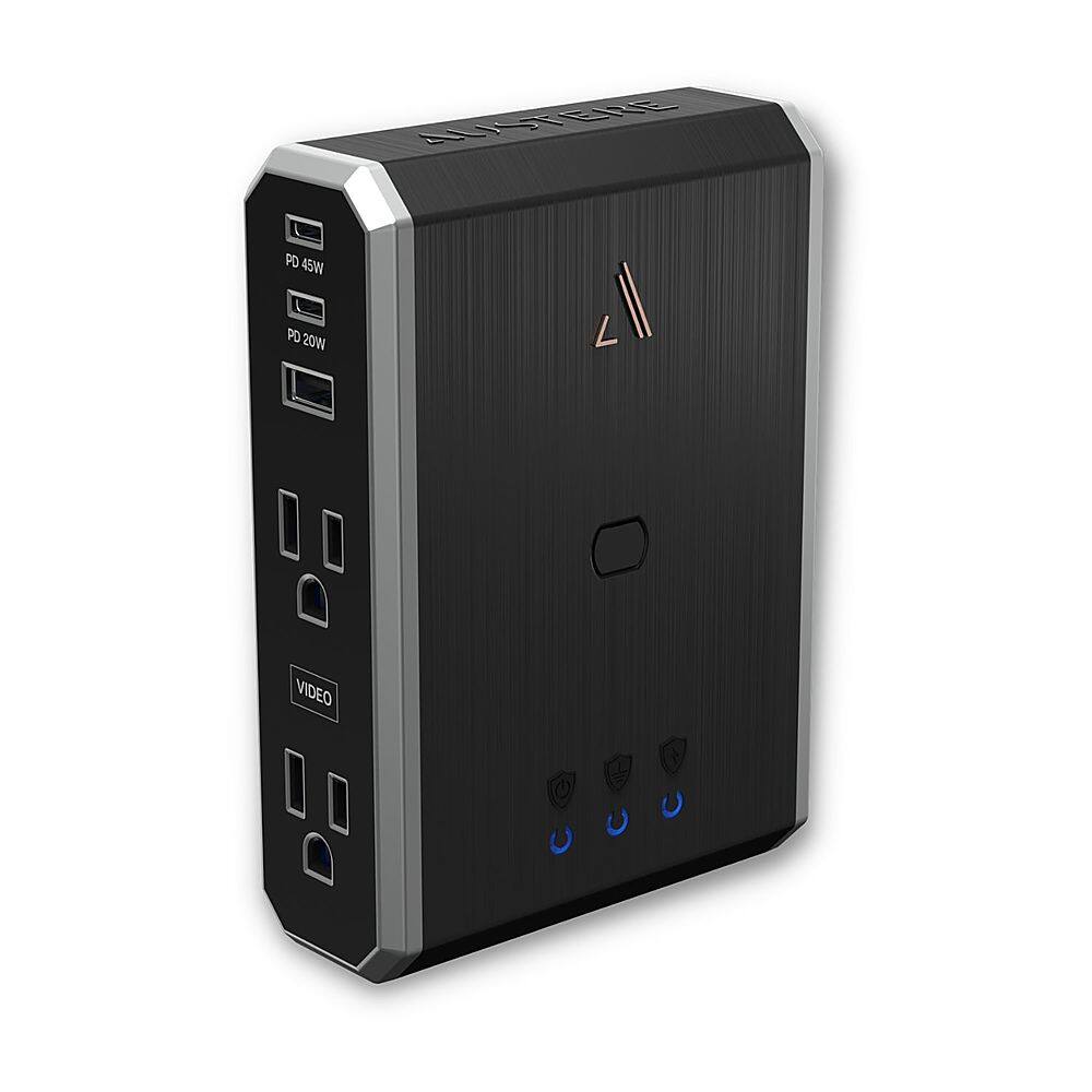 Front. Austere - VII Series Power 4-Outlet/3-USB Wall Tap 3,500 Joules Surge Protector - Black and Silver.