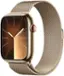 Front. Apple - Apple Watch Series 9 (GPS + Cellular) 45mm Gold Stainless Steel Case with Gold Milanese Loop with Blood Oxygen - Gold.