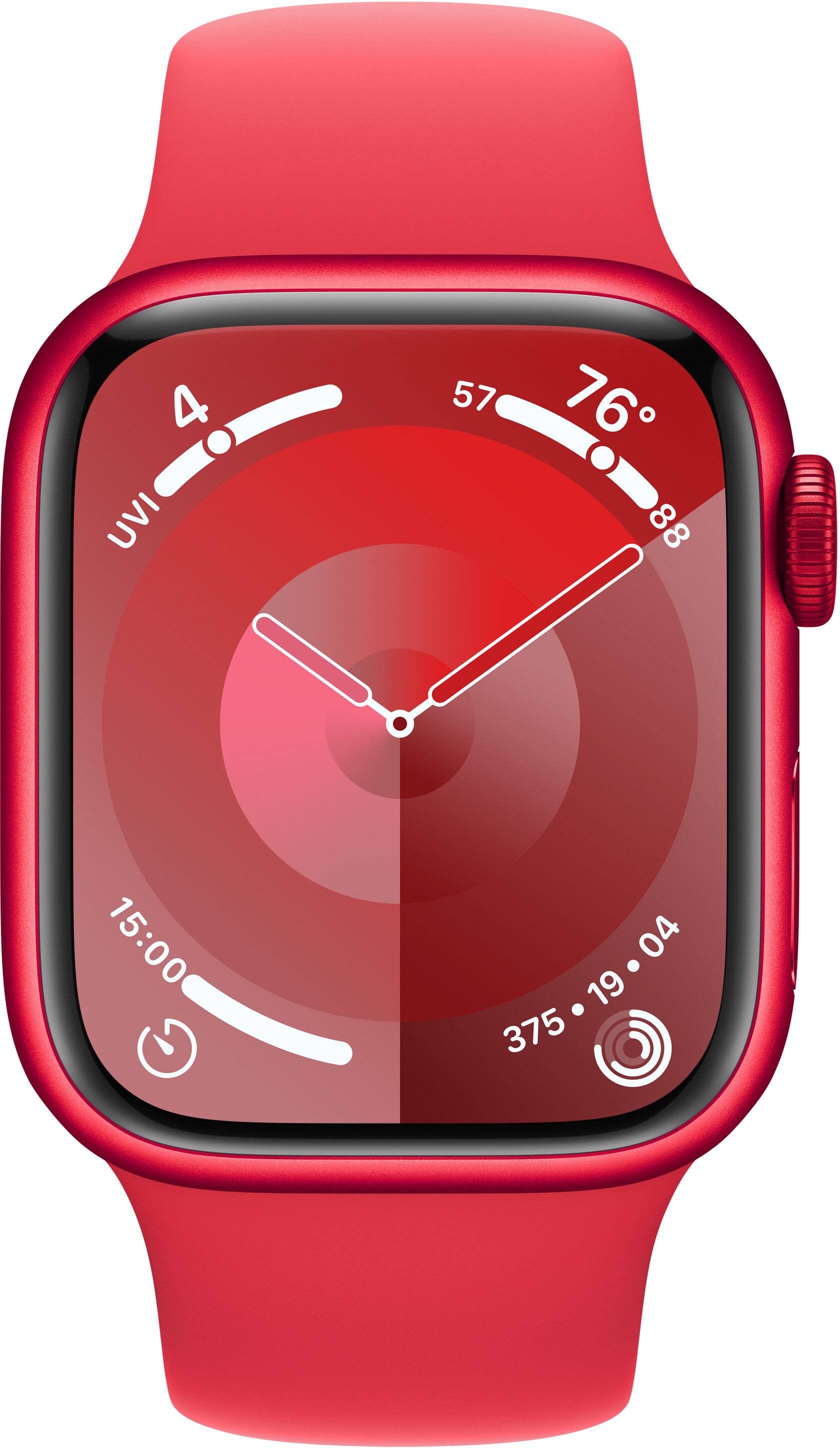 Angle. Apple - Apple Watch Series 9 (GPS + Cellular) 41mm (PRODUCT)RED Aluminum Case with (PRODUCT)RED Sport Band w/ Blood Oxygen - M/L - (PRODUCT)RED.