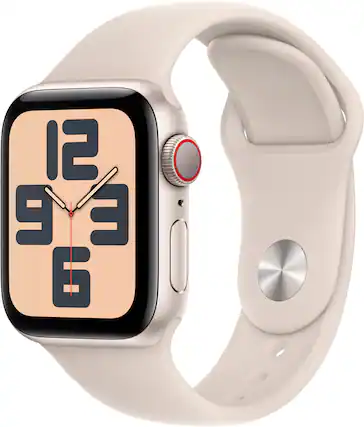 Front. Apple - Refurbished Apple Watch SE 2nd Generation (GPS + Cellular) 40mm Starlight Aluminum Case with Starlight Sport Band - S/M - Starlight.